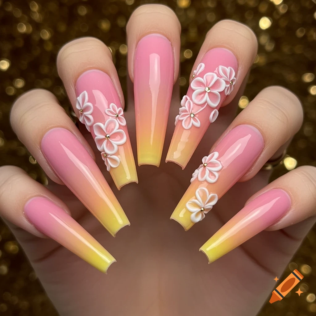 Close-up of long coffin-shaped nails with a pink to yellow gradient and white 3D flowers accented with gold beads.