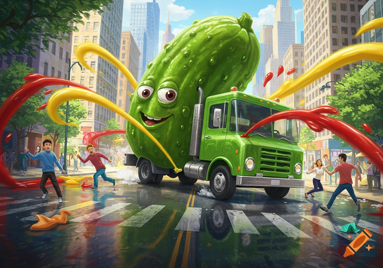 A giant, smiling cartoon pickle on a green truck splashes colorful liquids in a city street, as people run away.