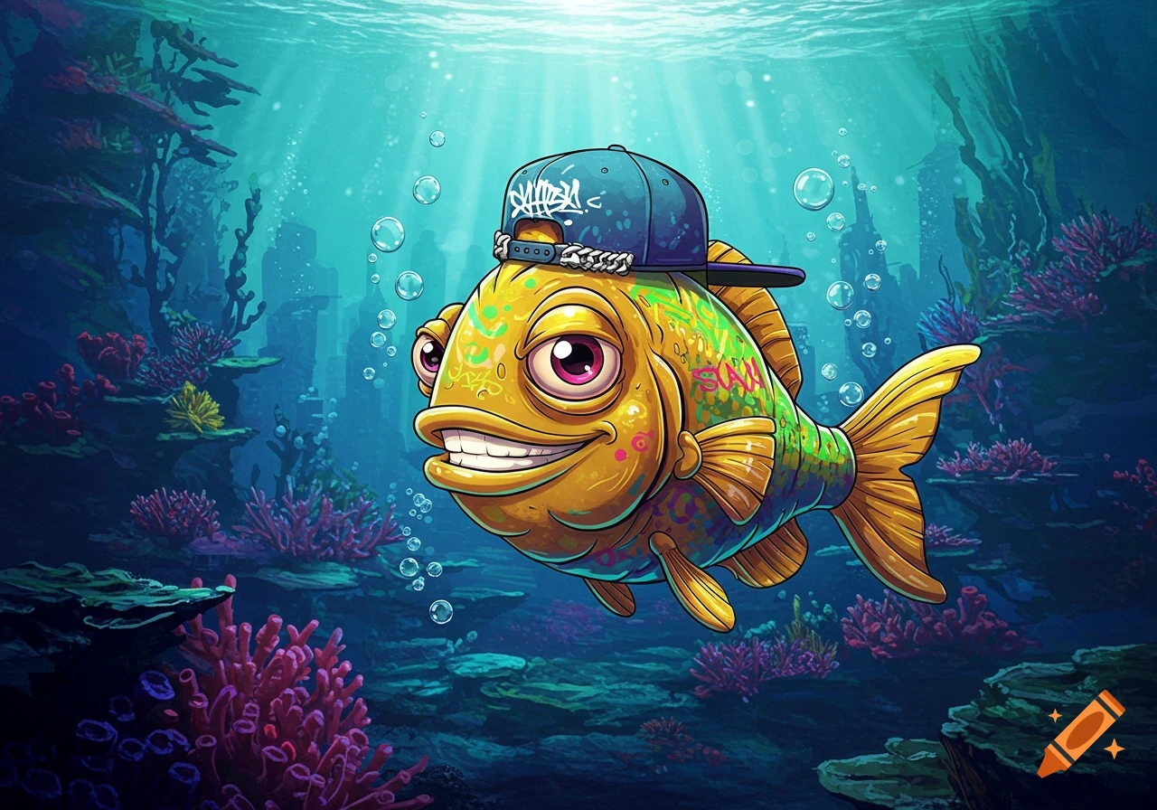 A vibrant cartoon fish wearing a backward blue baseball cap swims underwater among colorful coral and plants.