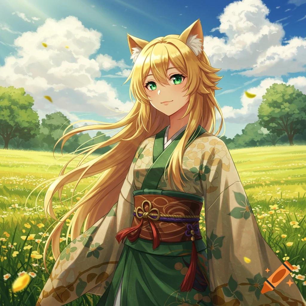 Anime style girl with long blonde hair and cat ears, wearing a green and brown kimono, standing in a sunny field of flowers.