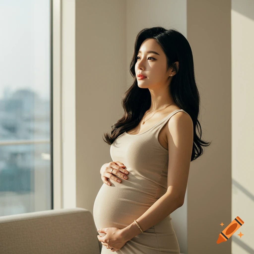 Photorealistic portrait of a pregnant Asian woman with long dark hair, standing by a sunlit window, holding her belly.