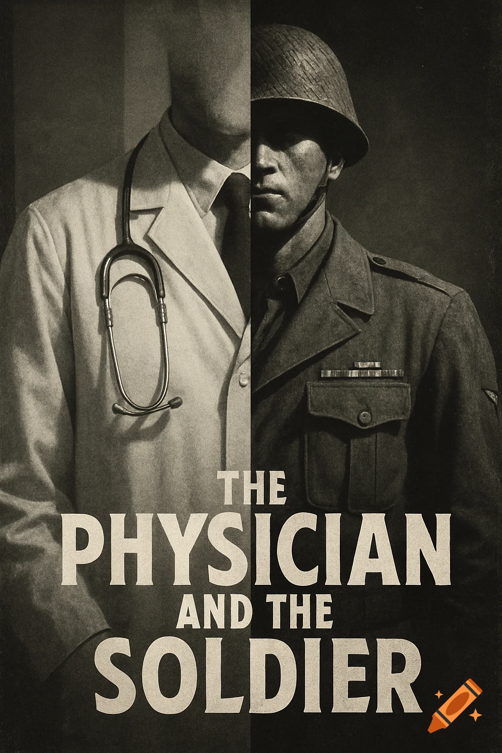 A black and white movie poster showing a split image of a man in a doctor's coat with a stethoscope and a soldier in uniform. Text reads "THE PHYSICIAN AND THE SOLDIER".