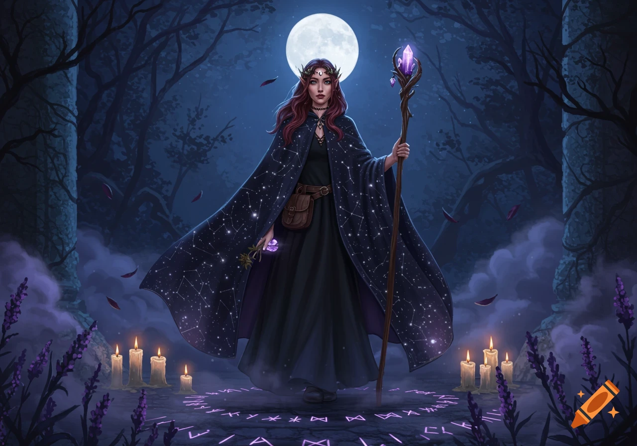 A red-haired elf-like witch in a star-patterned cloak stands in a moonlit forest clearing, surrounded by glowing runes and candles, holding a crystal staff.