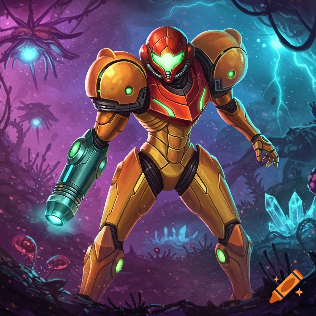 Samus Aran in her orange and red power suit stands in a vibrant purple alien environment with glowing plants and crystals.