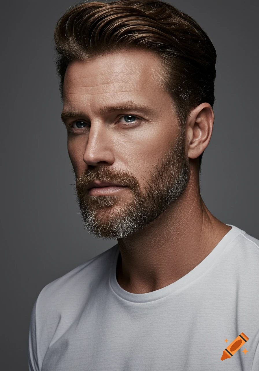 Close-up photorealistic portrait of a man with a light beard and styled brown hair against a neutral gray background.