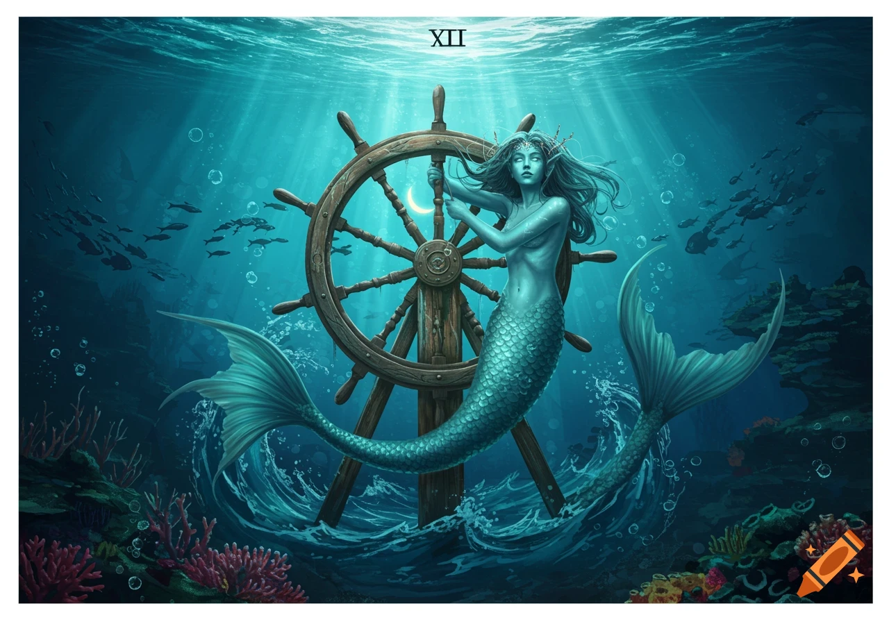 A blue-skinned mermaid holding a ship's wheel underwater, surrounded by fish and coral, with the Roman numeral XII at the top.