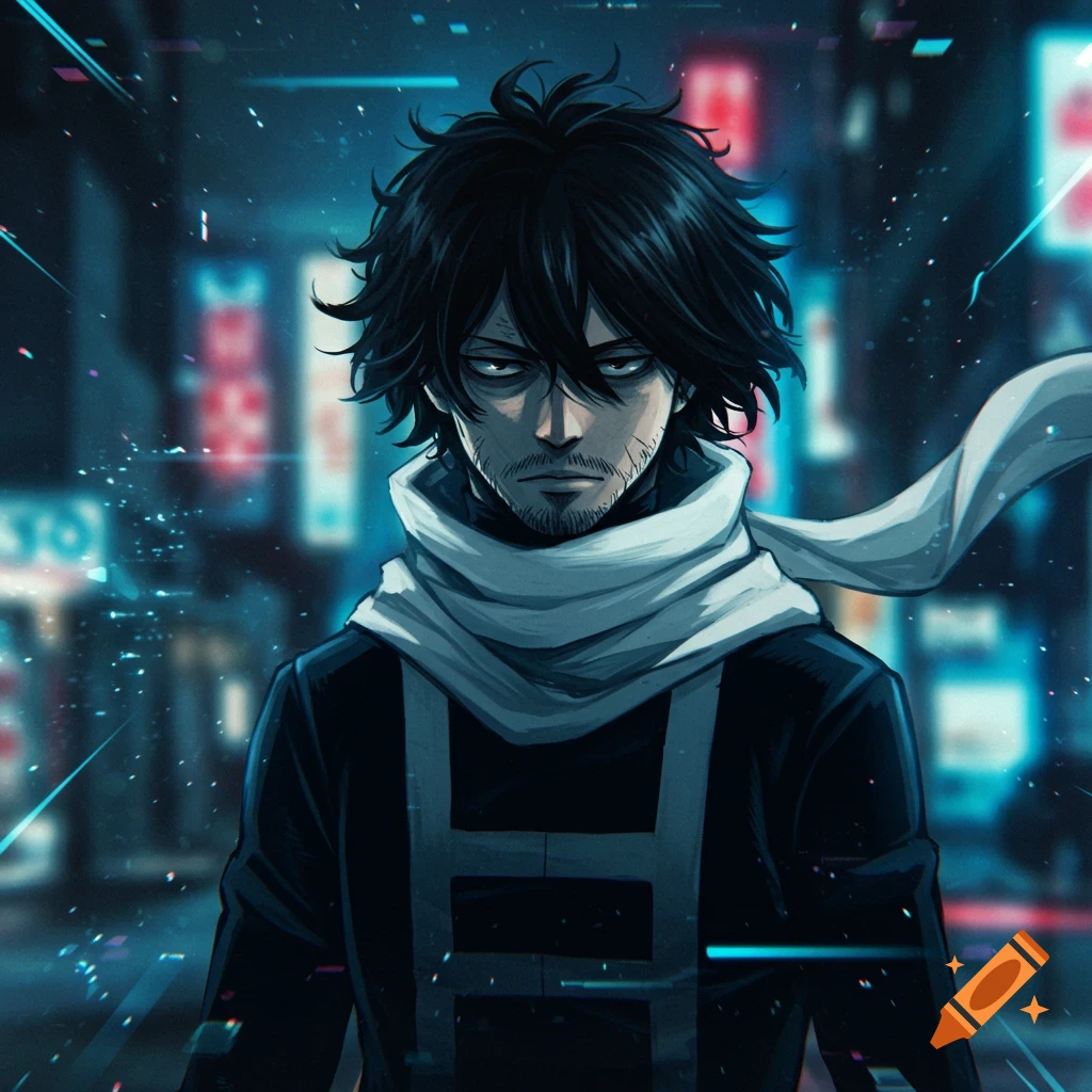 A dark anime portrait of Aizawa Shouta with glowing eyes and a scarf in a neon-lit city at night.