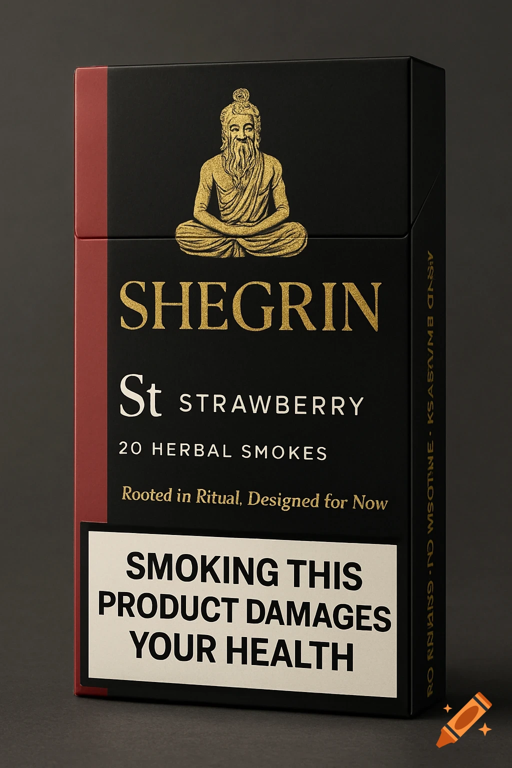 A 3D-rendered, black and red herbal cigarette pack with gold text and a meditating sage logo.
