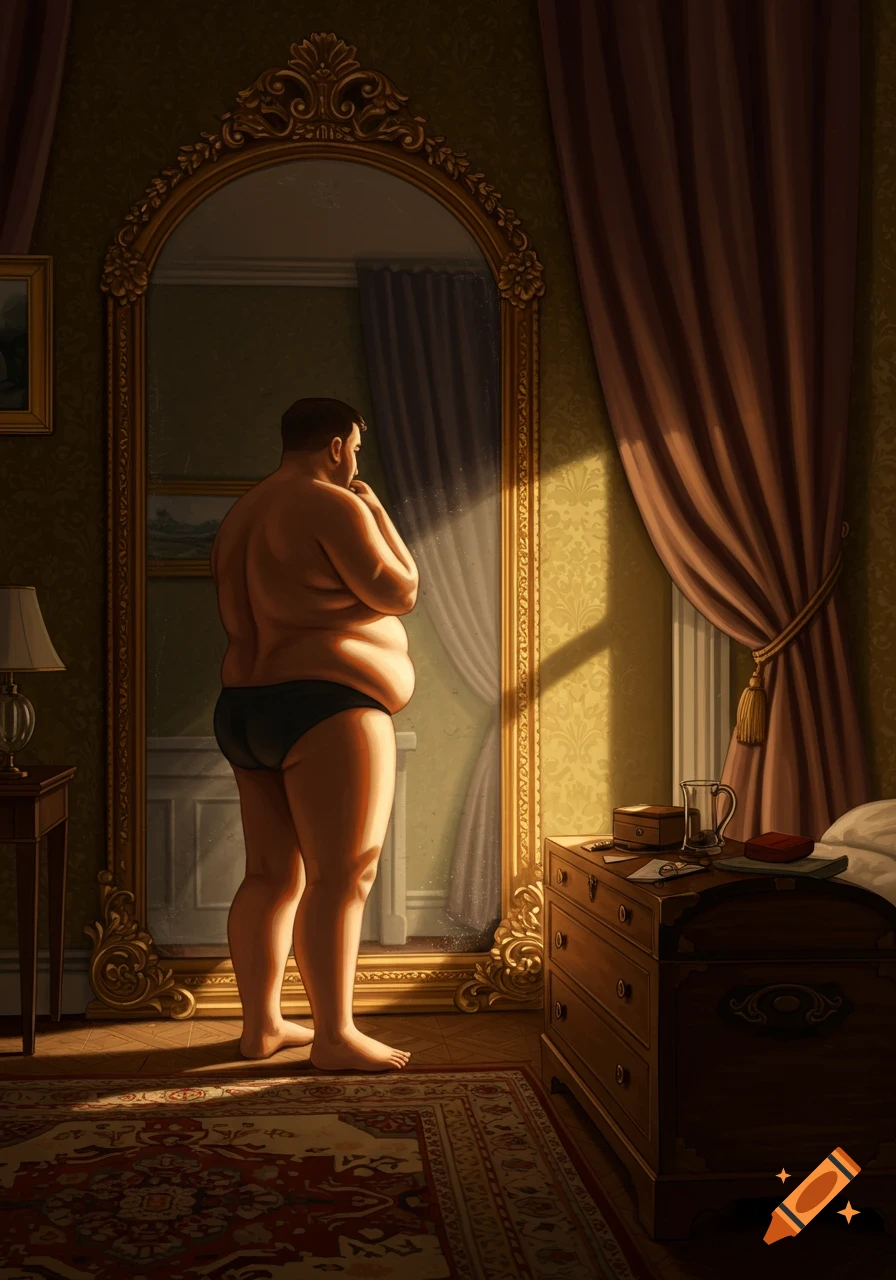 An overweight man in underwear looks at himself in a gilded mirror in a room with a patterned rug and dresser.