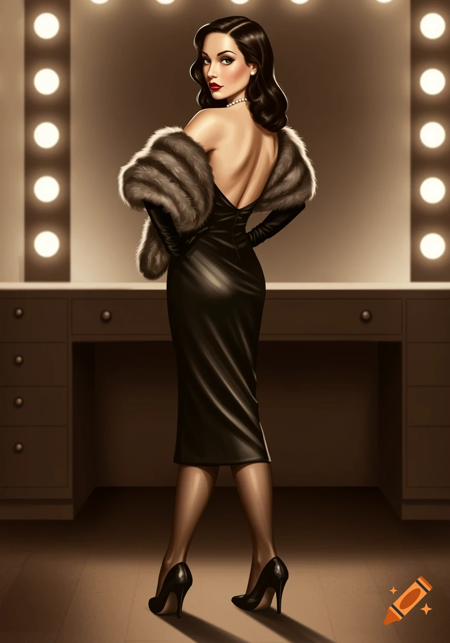 An illustration of a woman in a 1940s black dress with an open back, fur stole, and high heels, looking over her shoulder in a dressing room.