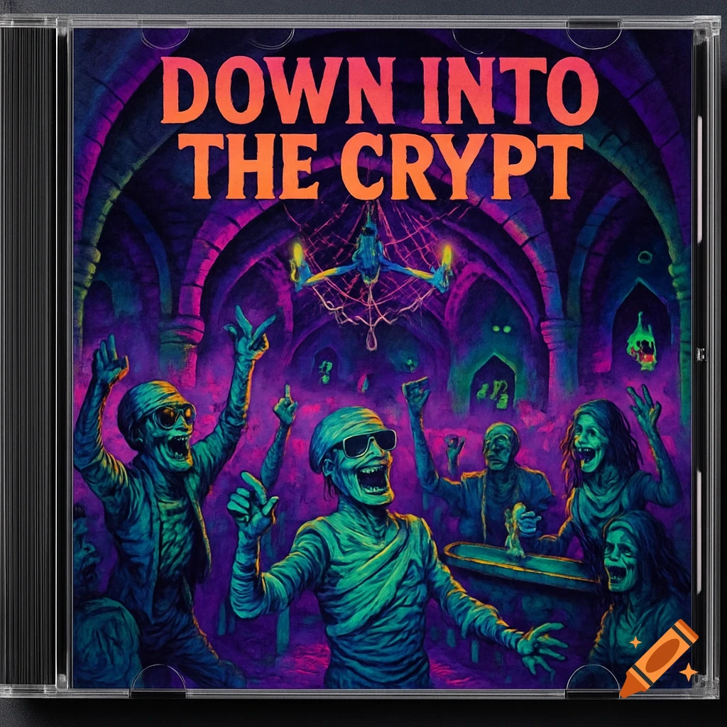 A neon-lit CD cover features partying mummies and zombies inside a crypt, with the title "DOWN INTO THE CRYPT".