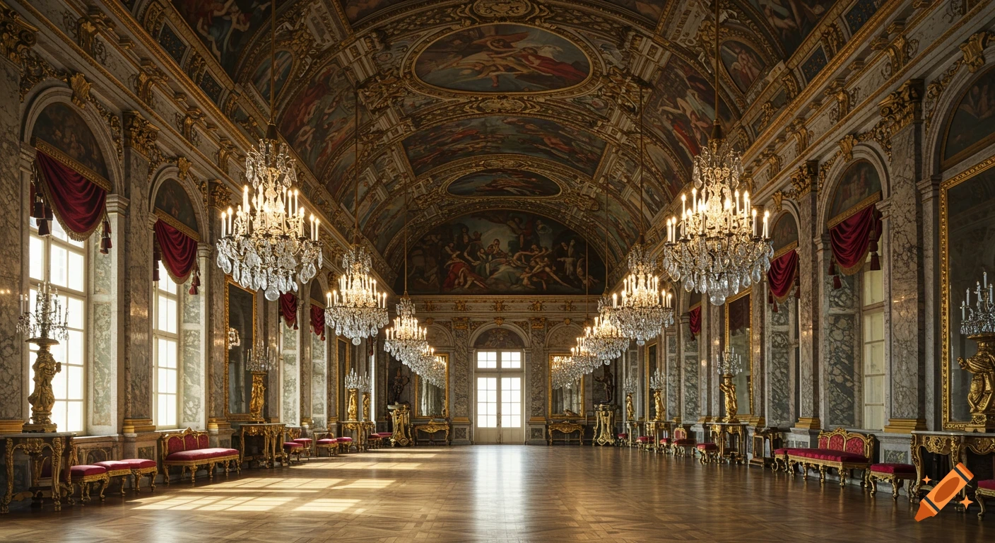 Ultra detailed baroque palace interior with gold decorations, chandeliers, and large windows.