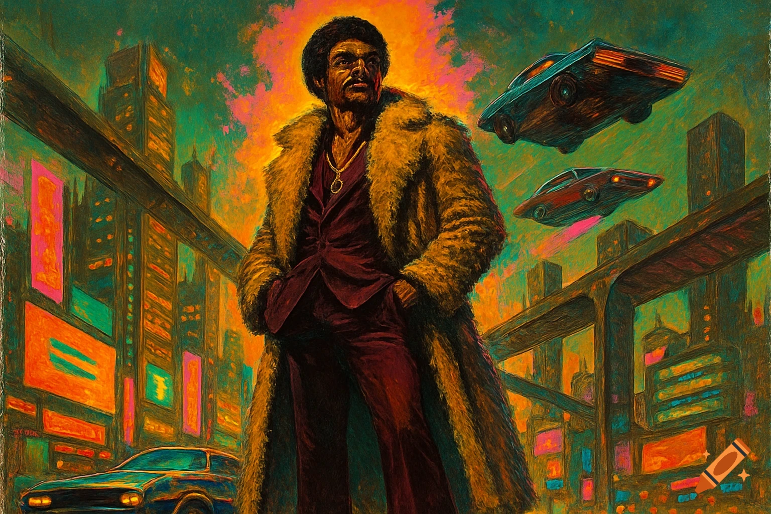 A gritty, painted illustration of a man in a fur coat standing in a retro-futuristic city with flying cars.