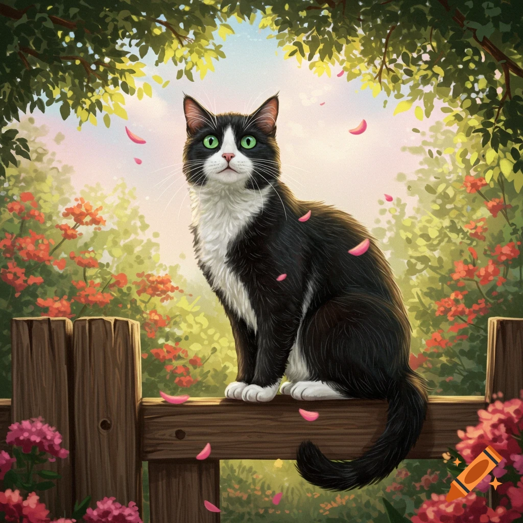 A black and white cat with green eyes sits on a wooden fence amidst a vibrant garden with pink flowers and green leaves.