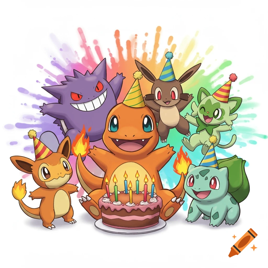 A group of cheerful cartoon Pokemon characters, including Charmander, Gengar, Eevee, Sprigatito, Bulbasaur, and a smaller Charmander-like creature, wearing party hats around a birthday cake with lit candles, against a colorful splash background.
