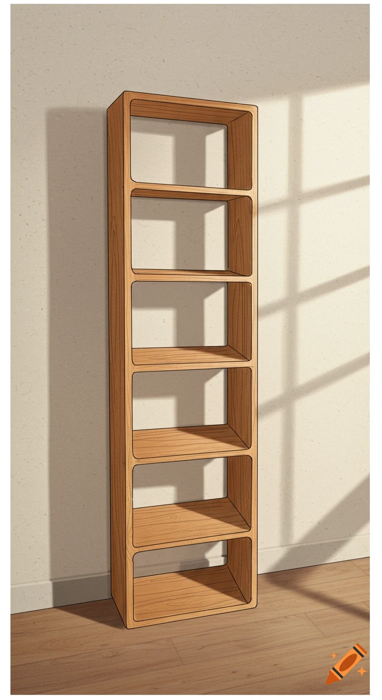 A tall, narrow wooden bookshelf with six shelves, depicted in an illustrated style with shadows from a window on the wall and floor.