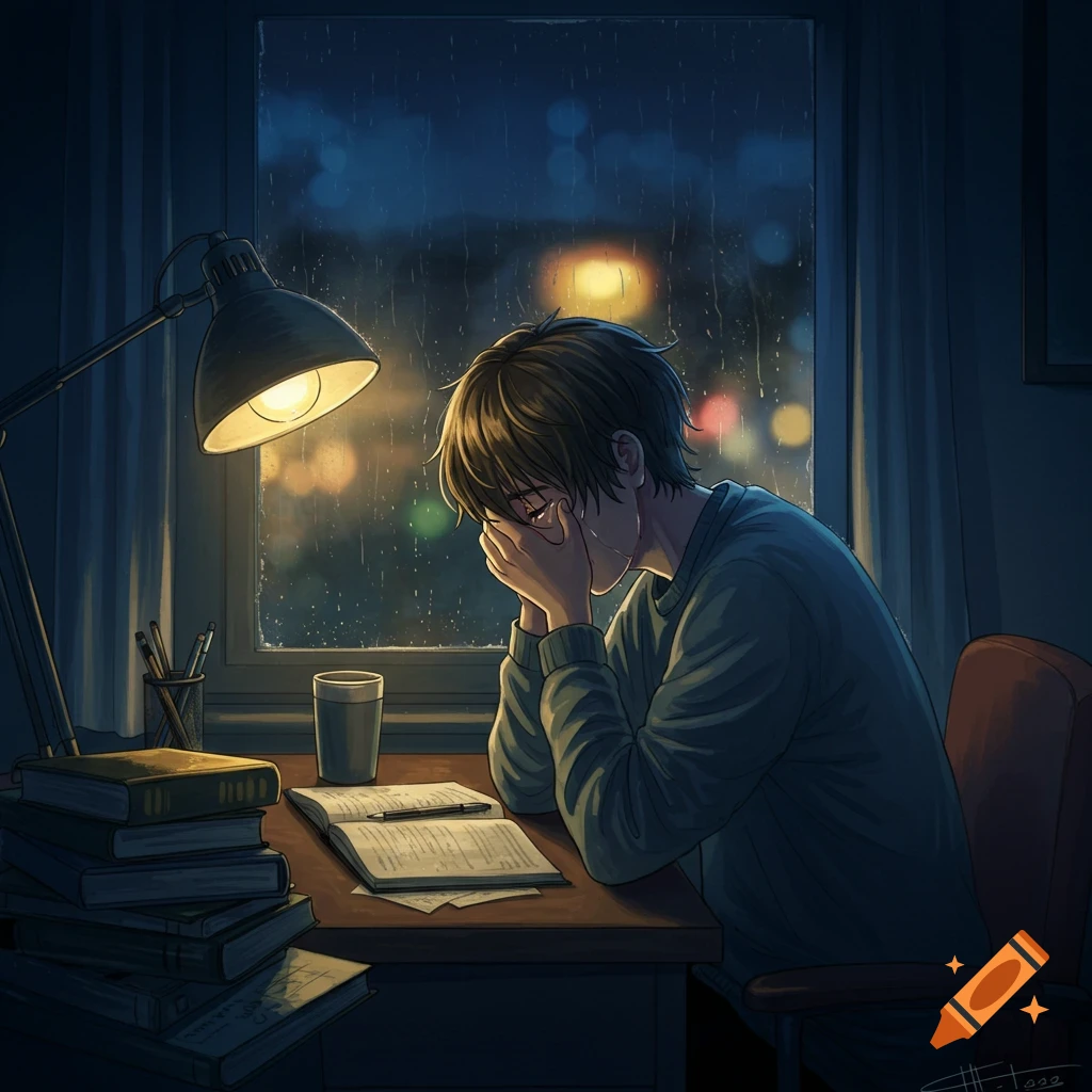 Anime illustration of a person crying at a desk with books and a lamp, looking out a rainy window at night.
