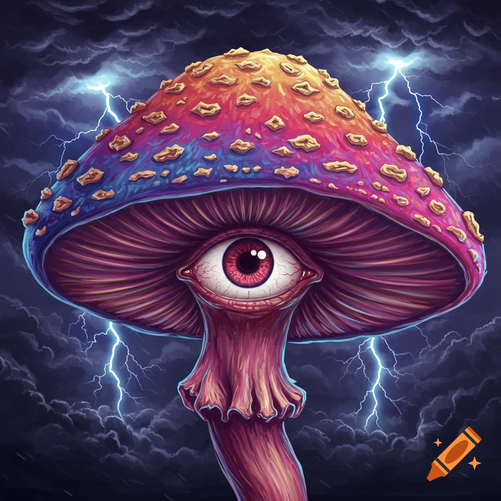 A vibrant, psychedelic mushroom with a large bloodshot cyclops eye against a stormy sky with lightning.