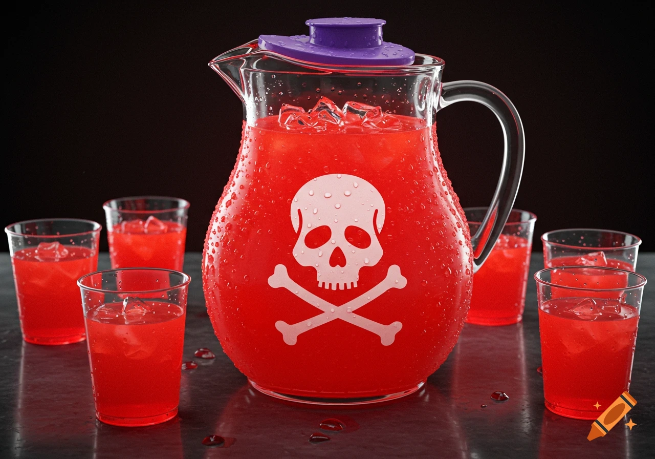 Photorealistic image of a red liquid in a pitcher with a skull and crossbones, surrounded by glasses.