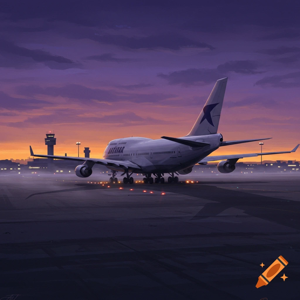 A large white Boeing 747 airplane on an airport tarmac at sunset, with a control tower in the background.