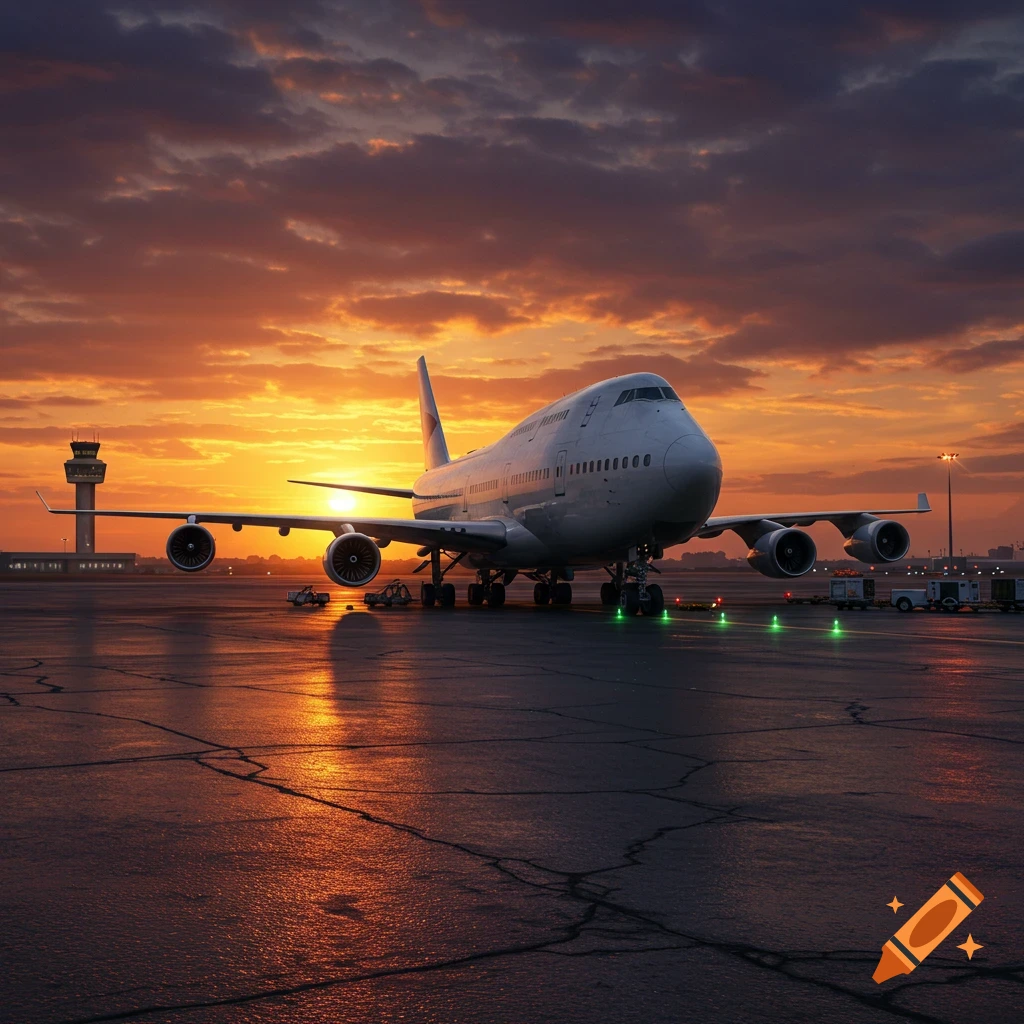 A photorealistic image of a Boeing 747 parked on a wet airport tarmac at sunset, with a control tower in the background.