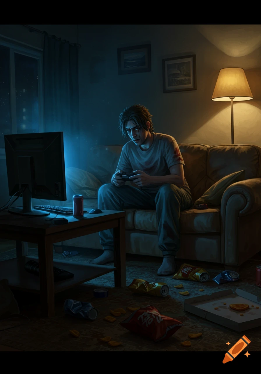 A disheveled man plays video games on a couch in a dim, messy living room filled with junk food wrappers.