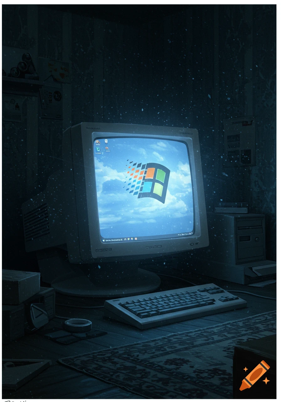 A retro CRT computer monitor displaying the Windows XP logo in a dimly lit, dusty room with a keyboard on the desk.