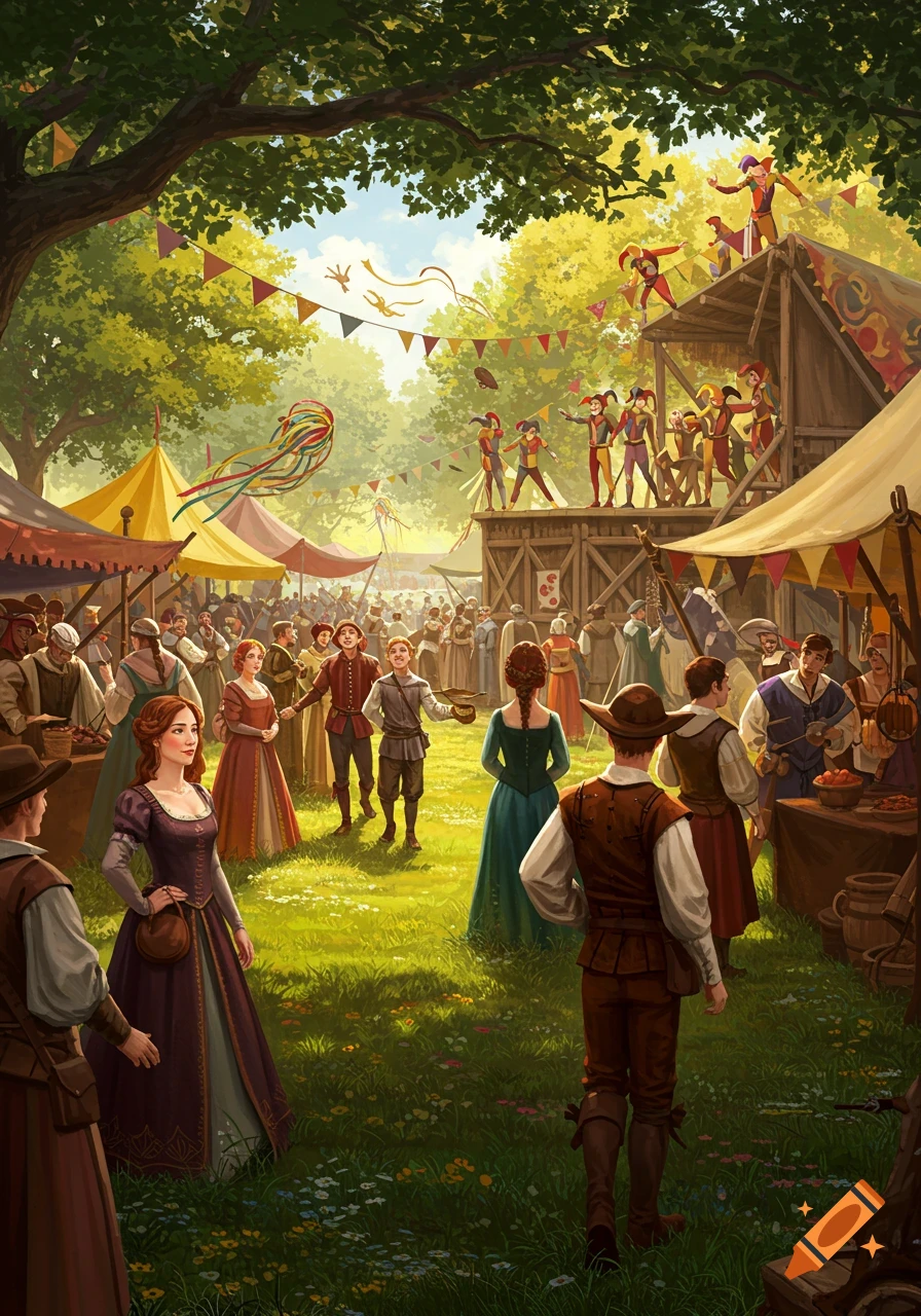 An illustration of a bustling medieval fair with people in period costumes, tents, and jesters performing on a wooden stage.