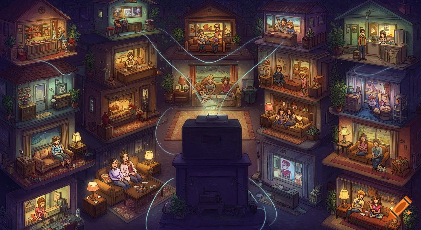 Detailed isometric illustration of many people in stacked, cross-sectioned houses watching a central TV at night.