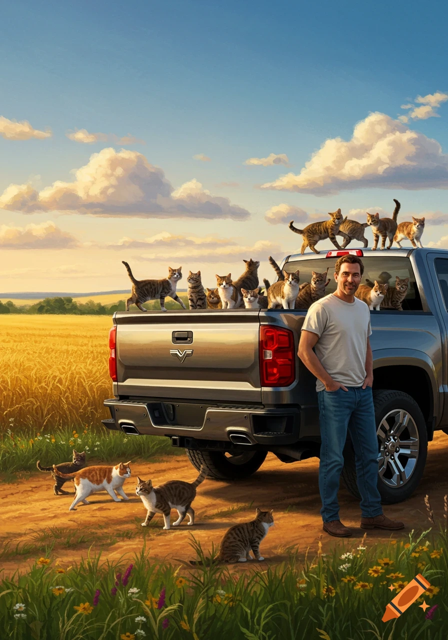 A man stands next to a silver pickup truck filled with cats in a golden field under a blue sky.