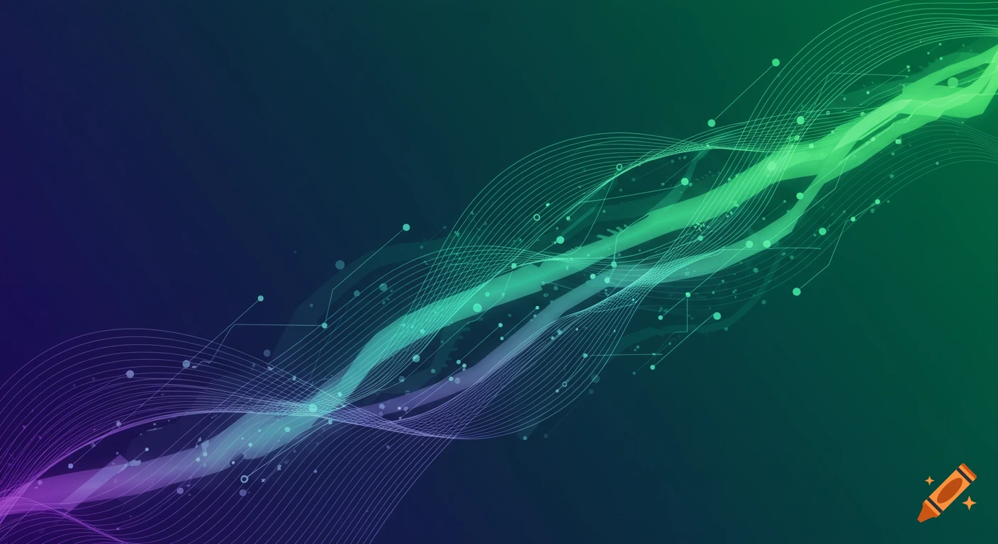 An abstract background featuring vibrant green and purple flowing lines and faint geometric patterns on a deep blue to green gradient.