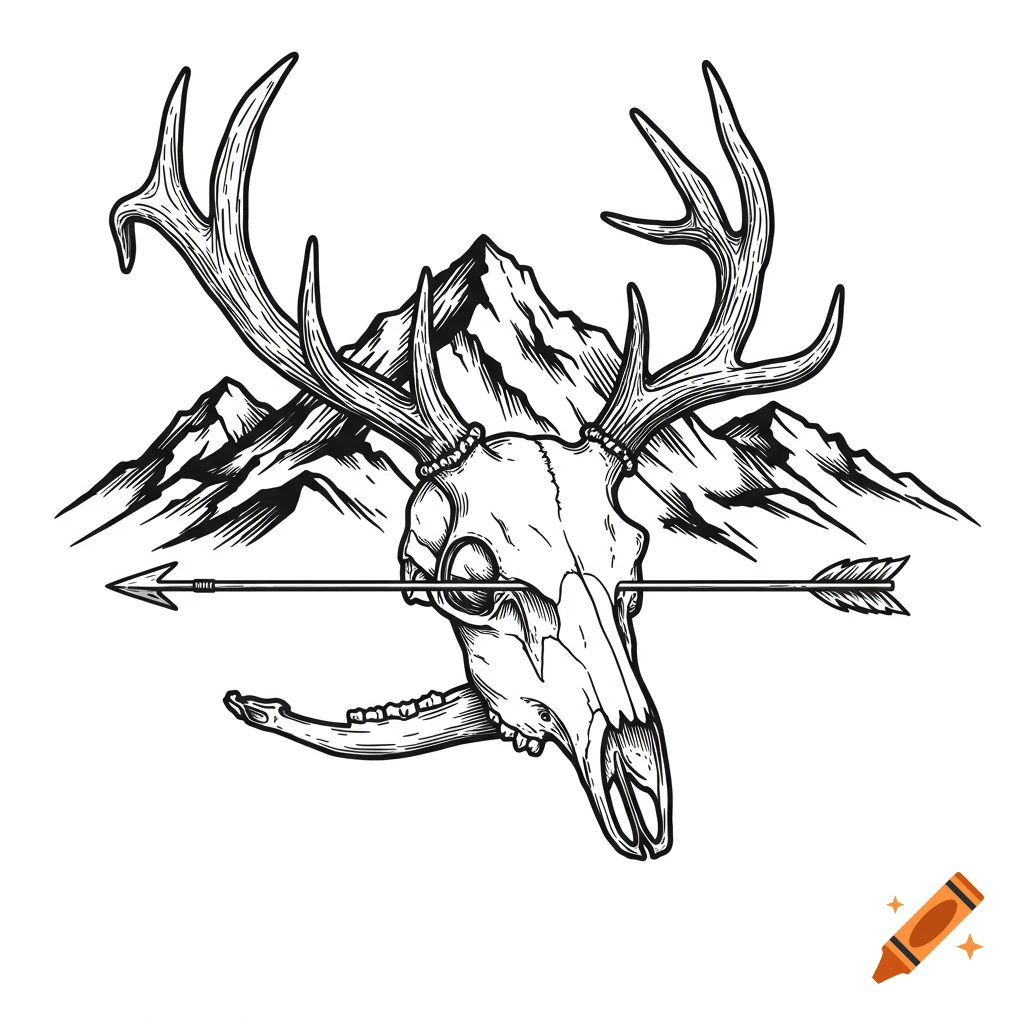 Black and white line art illustration of a deer skull with antlers, an arrow through it, and mountains in the background.