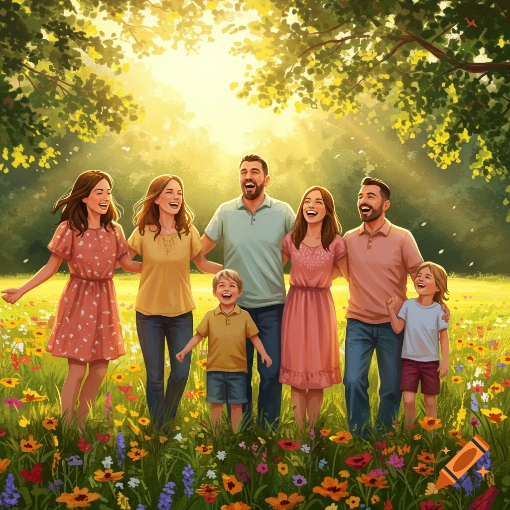 A happy family of six smiles brightly in a sunlit field of wildflowers, with lush green trees overhead.