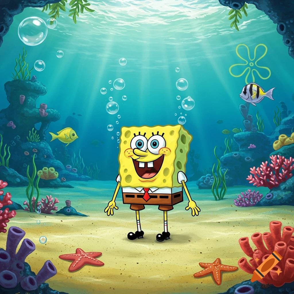 SpongeBob SquarePants stands on the sandy ocean floor surrounded by coral, fish, and bubbles in a vibrant cartoon illustration.