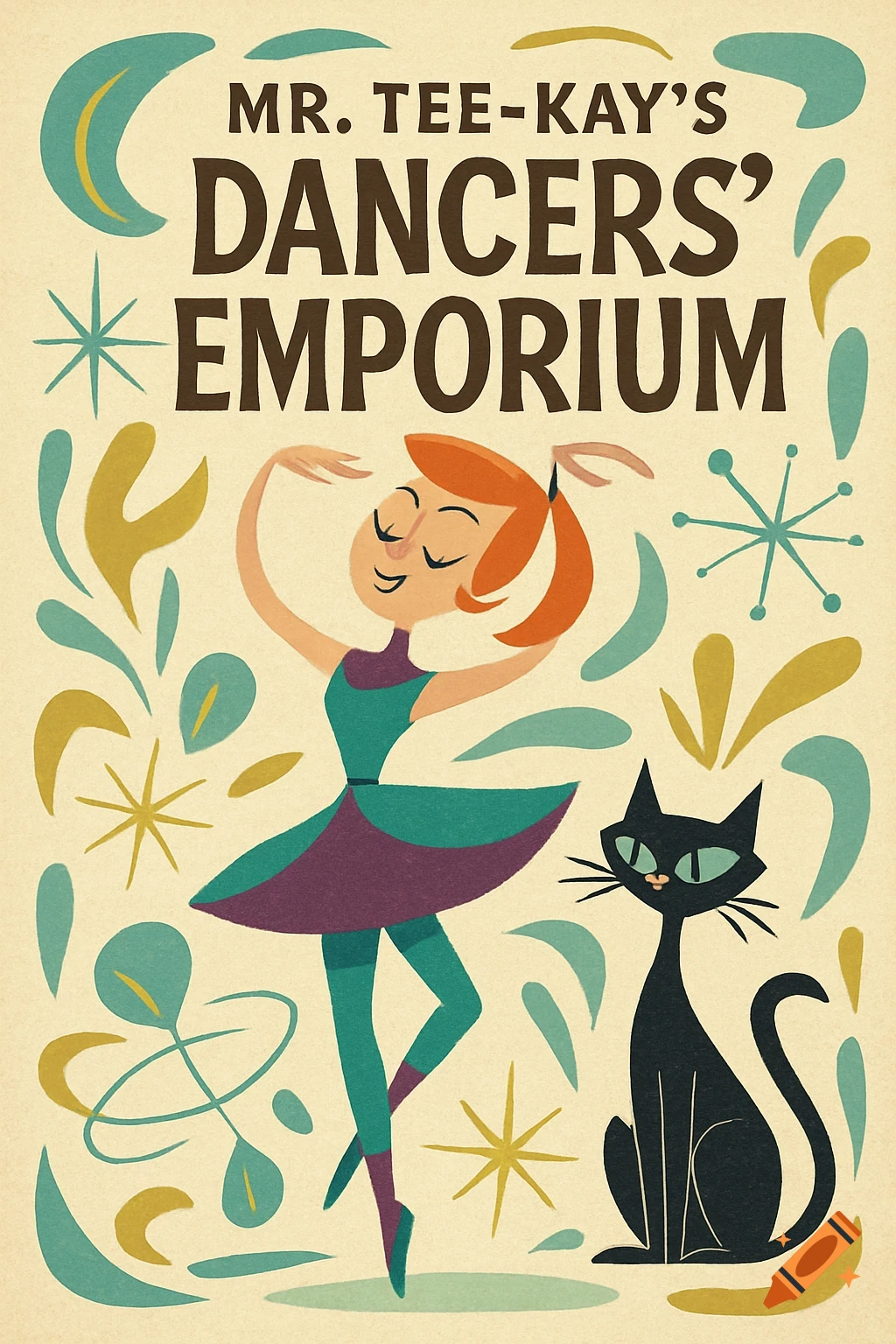 Mid-century modern poster with a stylized dancing woman, a black cat, and the text 'MR. TEE-KAY'S DANCERS' EMPORIUM'.
