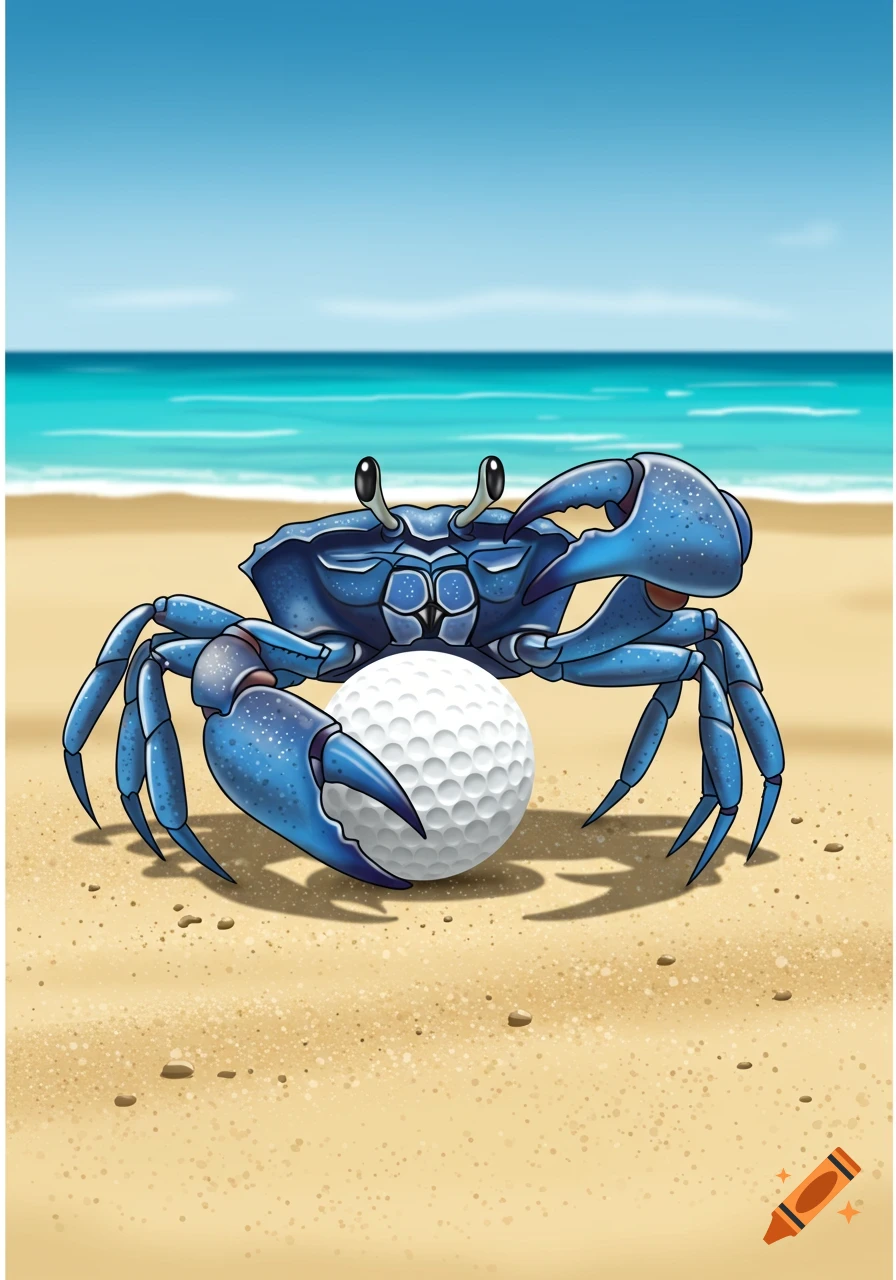 A blue cartoon crab holds a white golf ball on a sandy beach with the ocean and sky in the background.