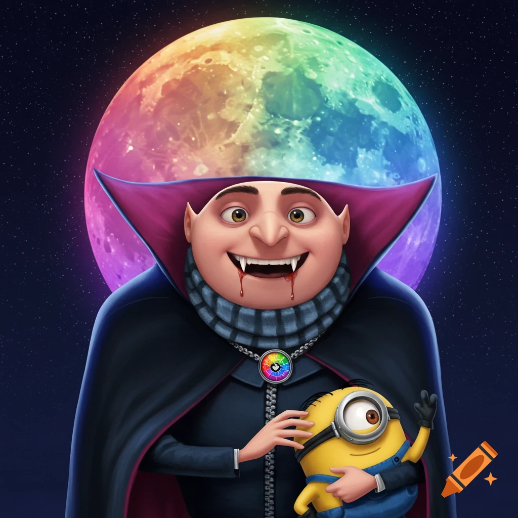 Gru dressed as a vampire with fake blood, holding a Minion, against a giant rainbow moon and starry sky.