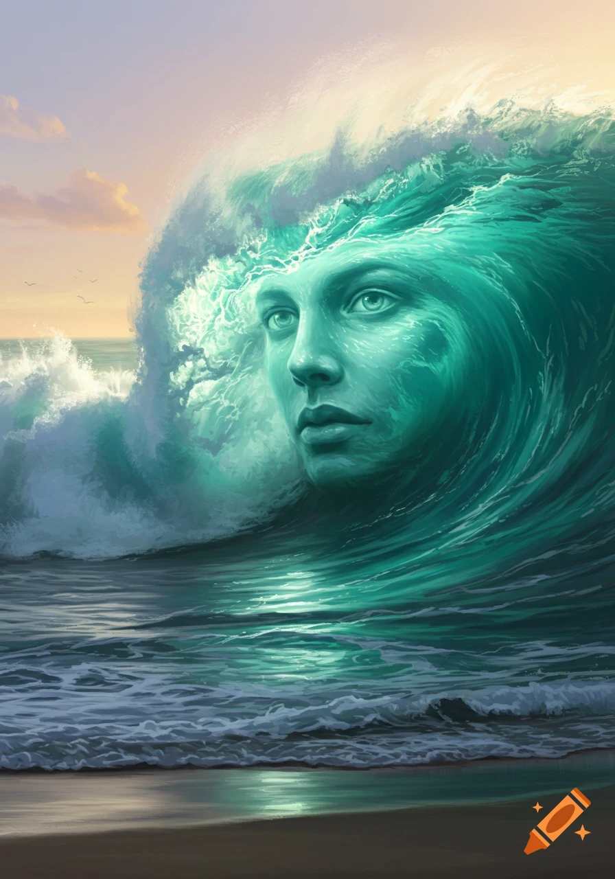 A large ocean wave forms the serene face of a human, with a beach and sunset sky in the background, in an artistic style.