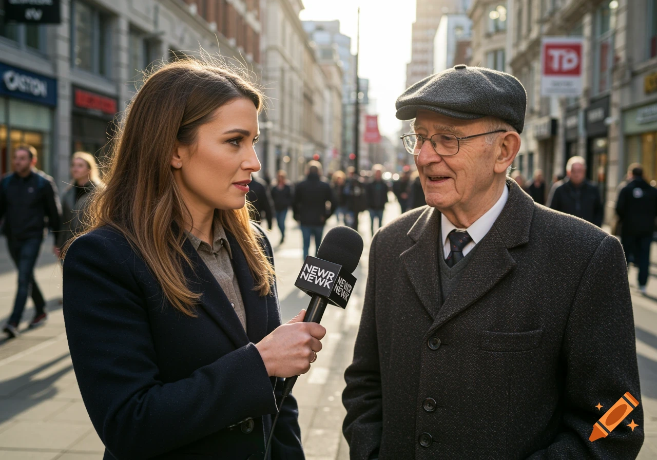 A news reporter holding a microphone interviews an elderly man on a busy city street in a photorealistic style.