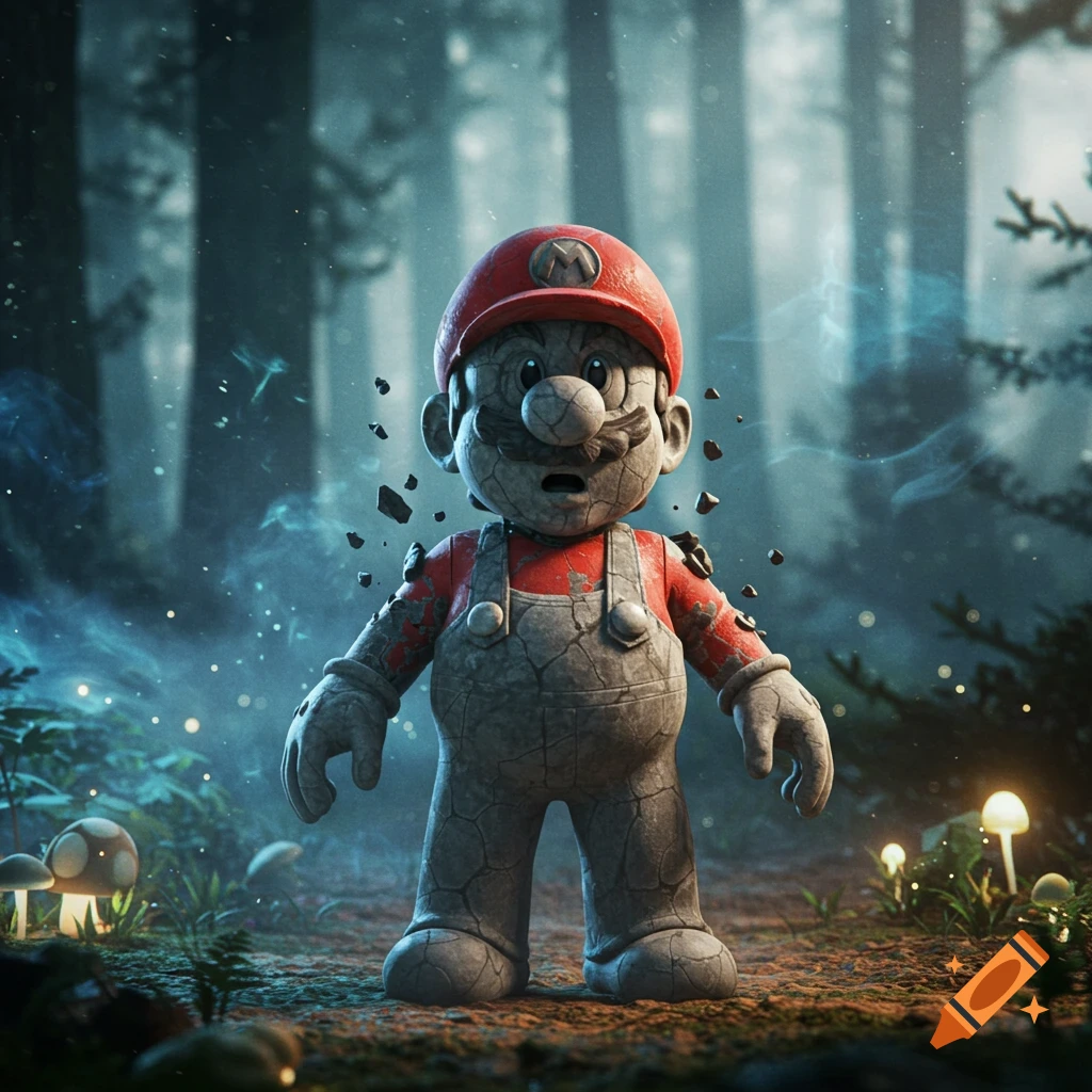 Petrified Mario character standing in a dark, misty forest with glowing mushrooms, pieces of stone breaking off him.