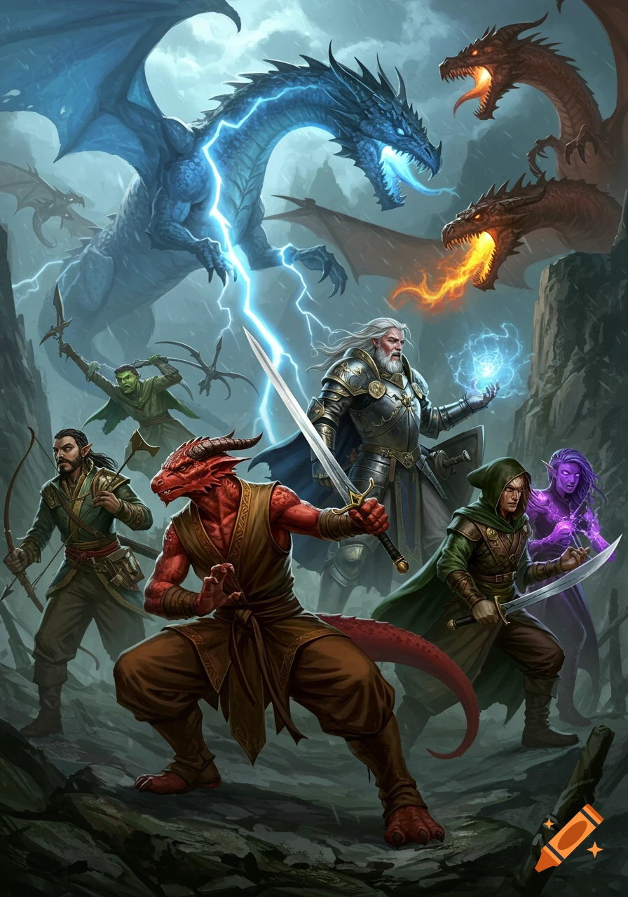 A group of Dungeons and Dragons style fantasy adventurers, including a dragonborn monk and human paladin, confront multiple elemental dragons in a stormy, rocky landscape.