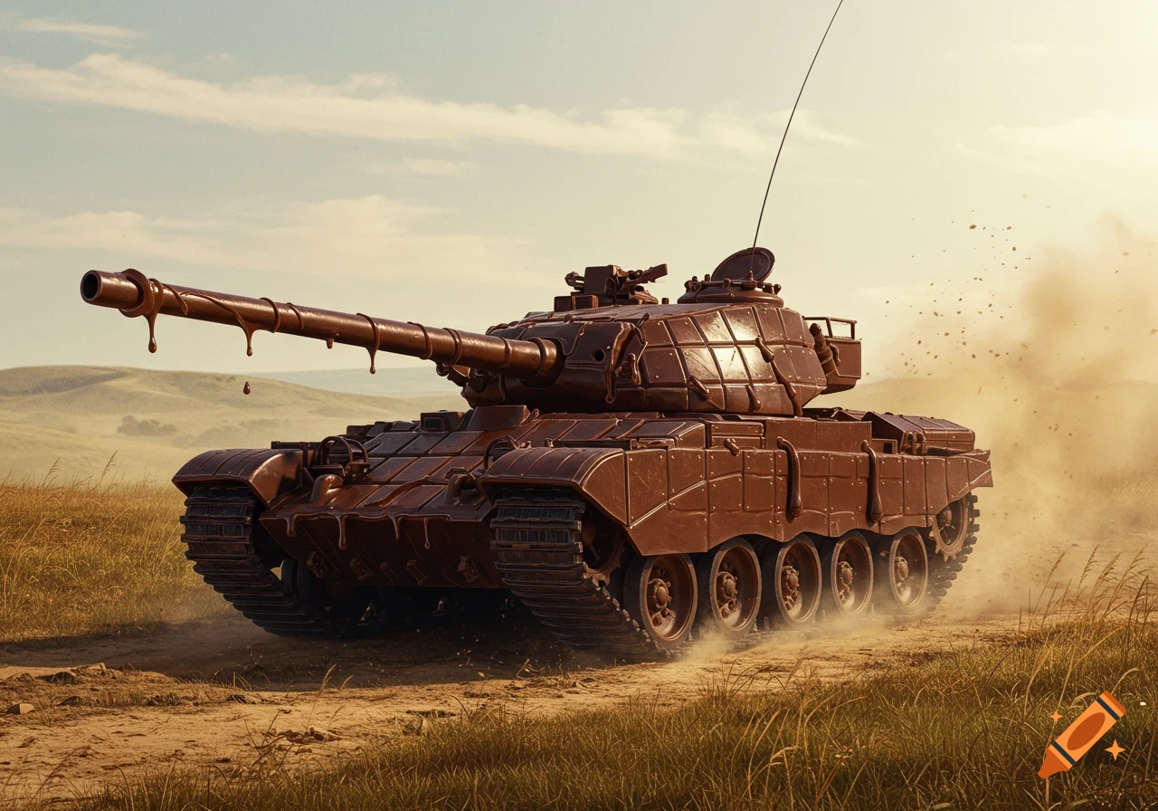 A photorealistic Centurion tank made of melting chocolate drives through a dusty, grassy field under a pale sky.