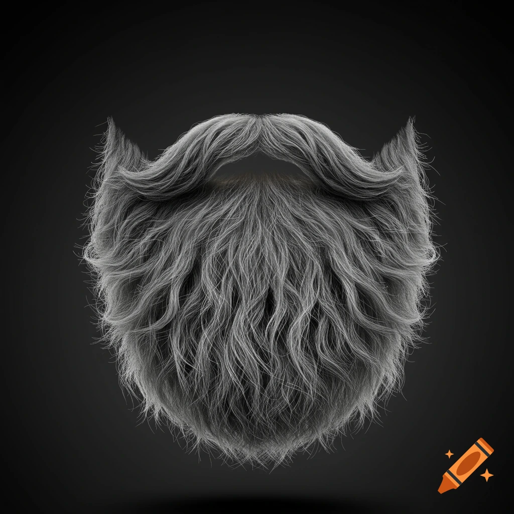 A photorealistic grey beard with a mustache floats against a dark, featureless background.