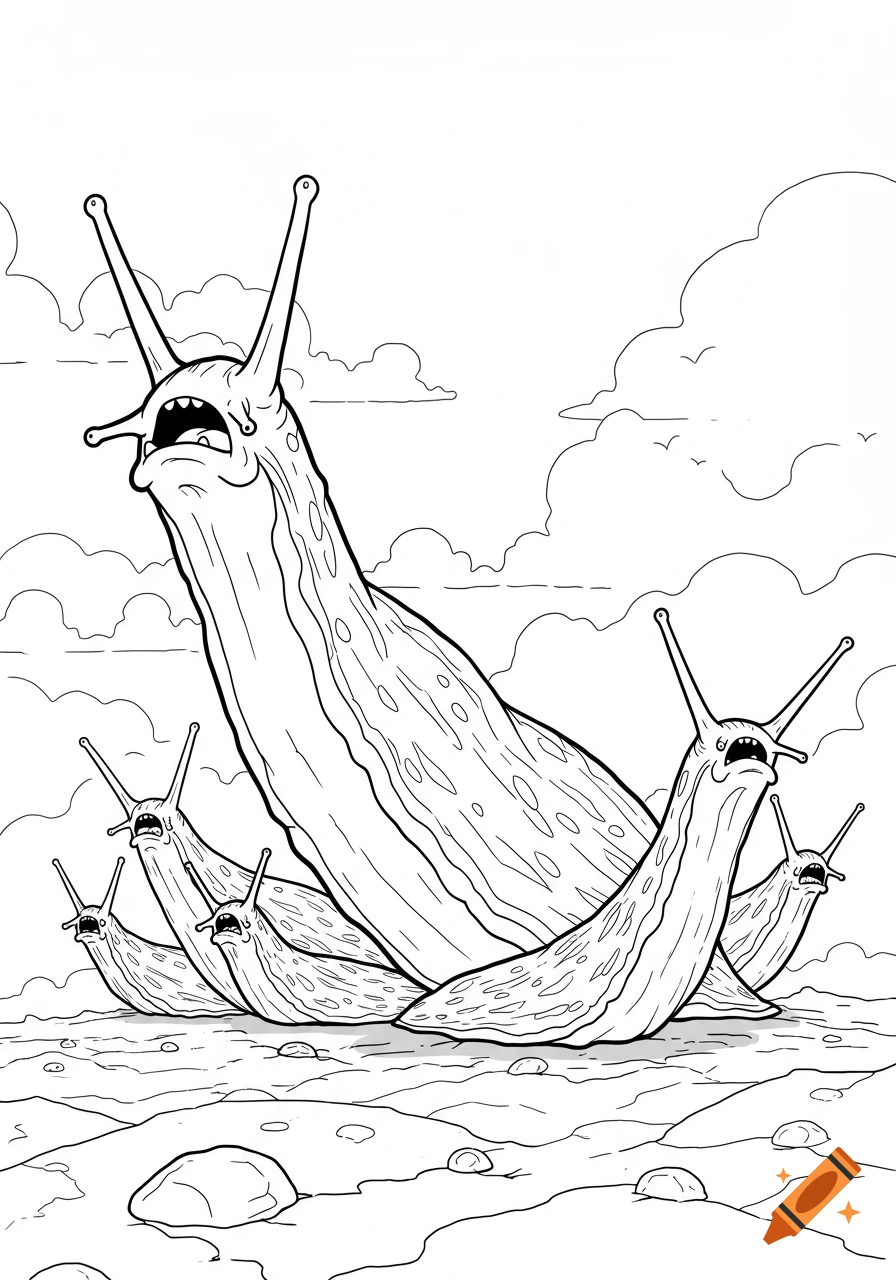 Outline drawing of multiple angry, giant slugs with long necks charging forward like a coloring page.