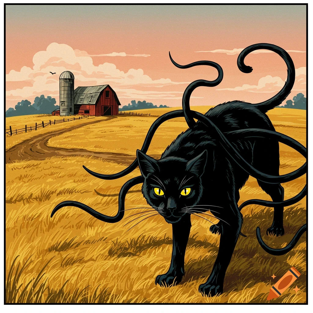A black displacer beast with glowing yellow eyes stands in a golden field. A red barn and silo are in the background under an orange sky, in a classic illustration style.