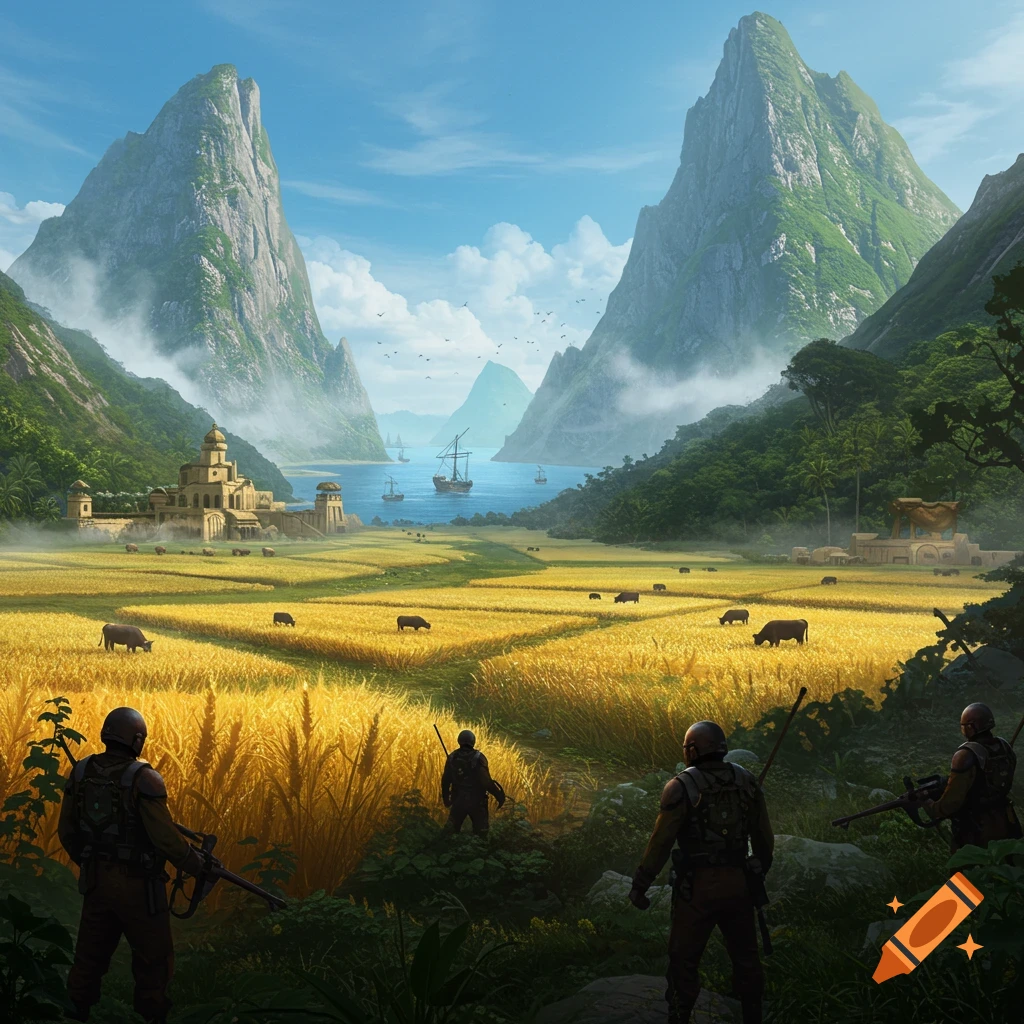 An epic view of a vast golden field and ancient city in a valley between towering mountains, with ships on a bay and military figures in the foreground.