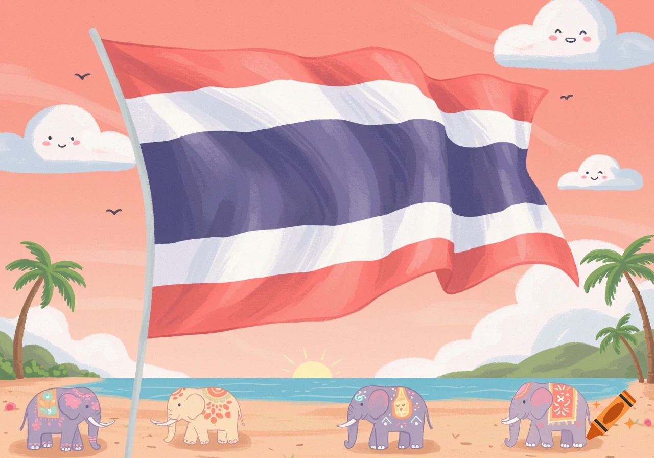 A cute, stylized illustration of the Thailand flag waving over a beach with four decorated elephants, palm trees, and a sunrise.