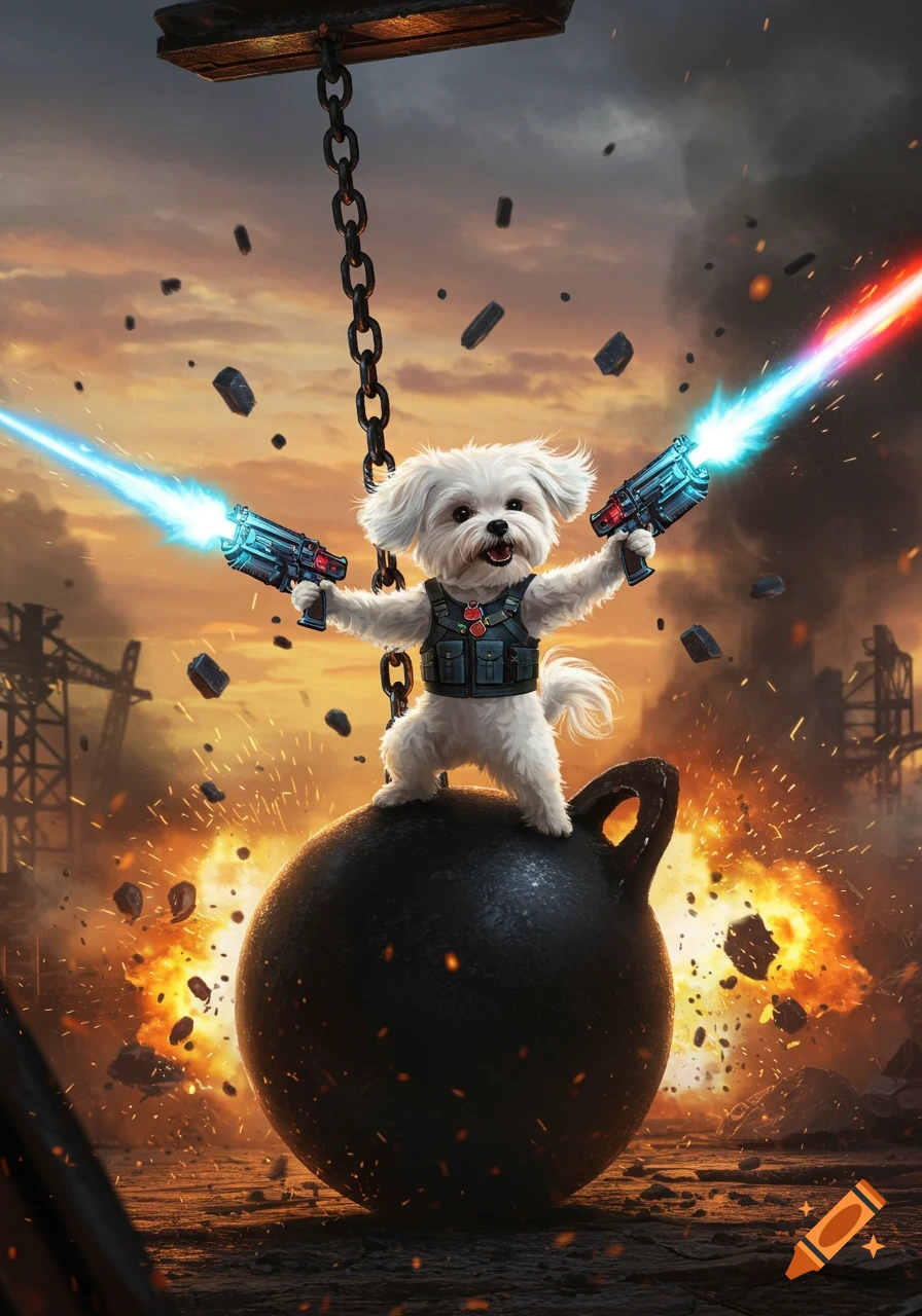 A cute white Maltese dog on a wrecking ball, wearing a vest and firing laser guns amidst explosions.