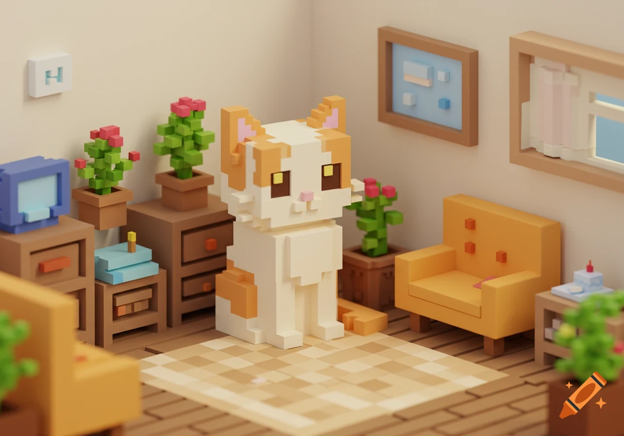 A cute orange and white pixel-art cat sits in a cozy voxel-style room with furniture and plants.