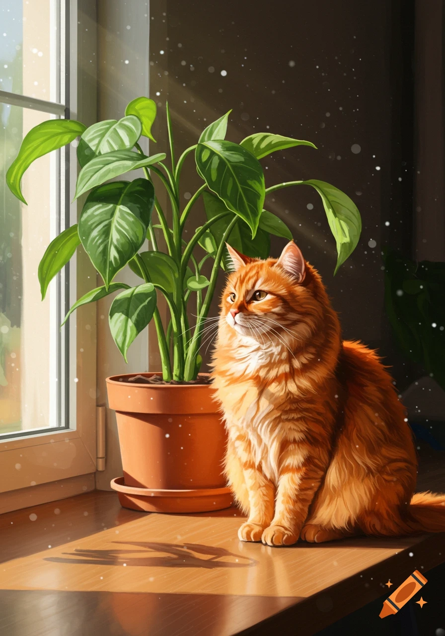An orange fluffy cat sits by a sunlit window next to a large potted green plant, with dust motes visible in the light.